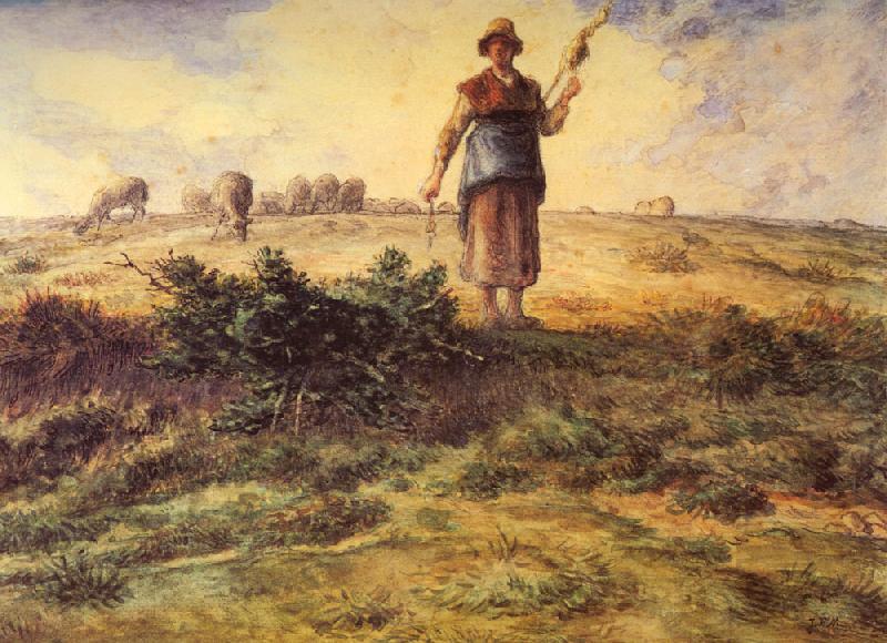 Jean-Franc Millet A Shepherdess and her Flock Watercolour heightened with white Germany oil painting art